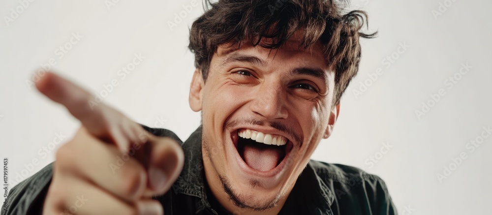 Poster Handsome young man laughing joyfully while pointing at the camera with cheerful expression in bright studio setting on white background