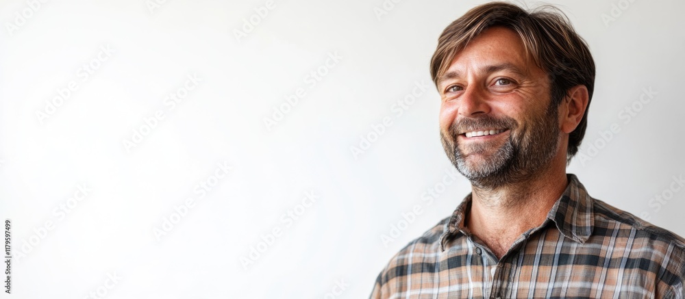 Poster closeup profile view of cheerful middle-aged man with brown hair and beard smiling against bright wh