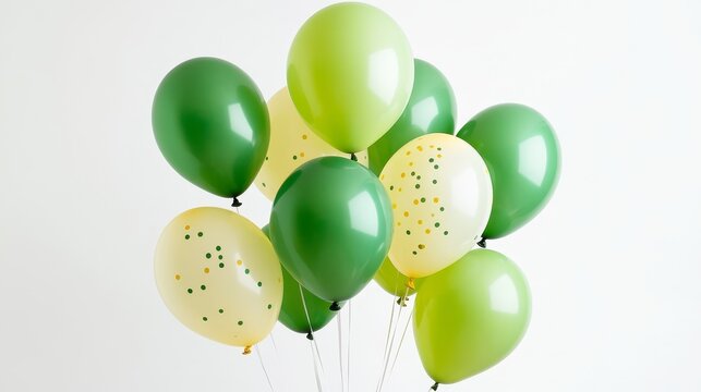 A vibrant bouquet of stone, willow green, and lemon yellow latex balloons arranged in a festive display against a white background, perfect for celebrations, parties, and events.