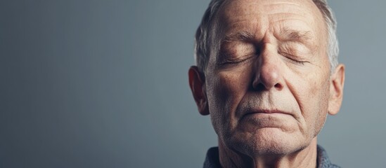Senior Caucasian man with closed eyes reflecting on World Alzheimer's Day in neutral gray tones with ample copyspace for text and awareness campaigns