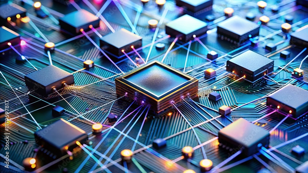 Poster futuristic microchip network: close-up of interconnected circuits with silver threads