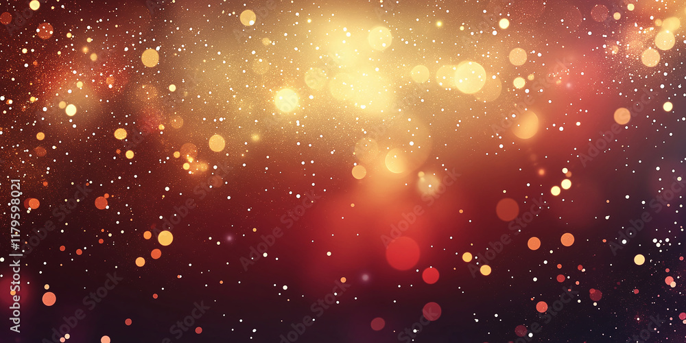 Poster abstract bokeh background with warm golden and red tones, featuring scattered light particles creati