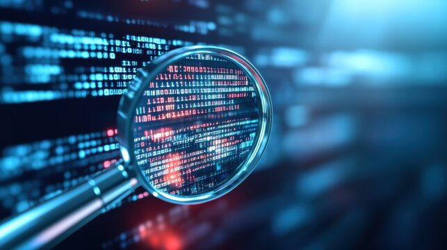 Magnifying Glass Focused on Streams of Binary Code Representing Digital Technology and Data in a Modern Contextual Setting