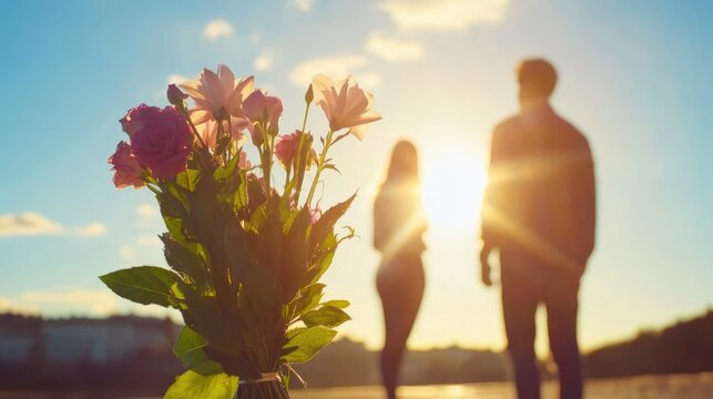 Couple Embracing Romance with Flower Bouquet on a Sunny Day Background Jealous Ex Partner Watching Outdoor Love Connection - Powered by Adobe