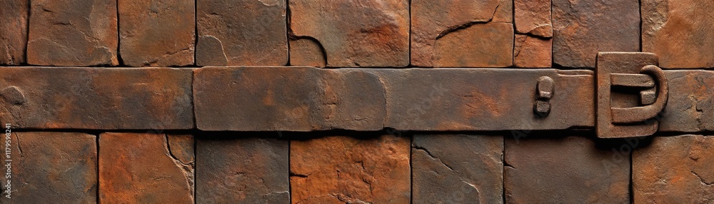 Poster rustic iron and stone texture: close-up view of weathered stone blocks secured with rusty iron bands