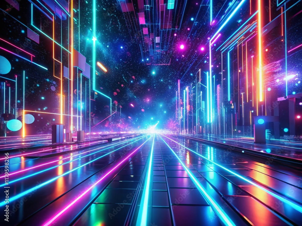 Poster futuristic neon glowing lines 3d background with bokeh effect - abstract sci-fi stock photo
