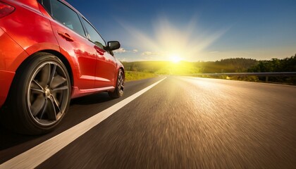 car advertising luxury red auto vehicle speeds on the road towards the sun