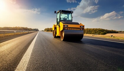 asphalt roller working on newly paved highway section