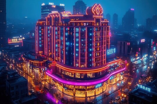 luxurious night scene of modern casino building exterior with dramatic lighting neon signs and elegant architecture design