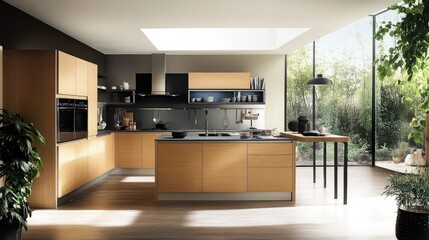 A modern eco-friendly kitchen with bamboo cabinetry, energy-efficient appliances, and a large skylight for natural light. A perfect balance of design and sustainability.