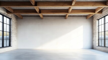 Spacious modern interior with wooden beams and large windows.