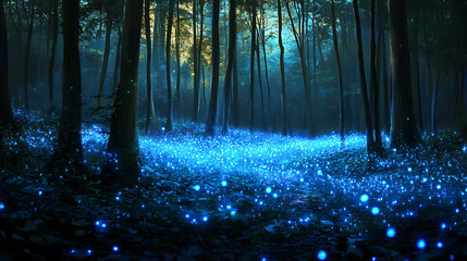 Fototapeta premium A serene forest illuminated by glowing blue lights, creating a magical atmosphere.
