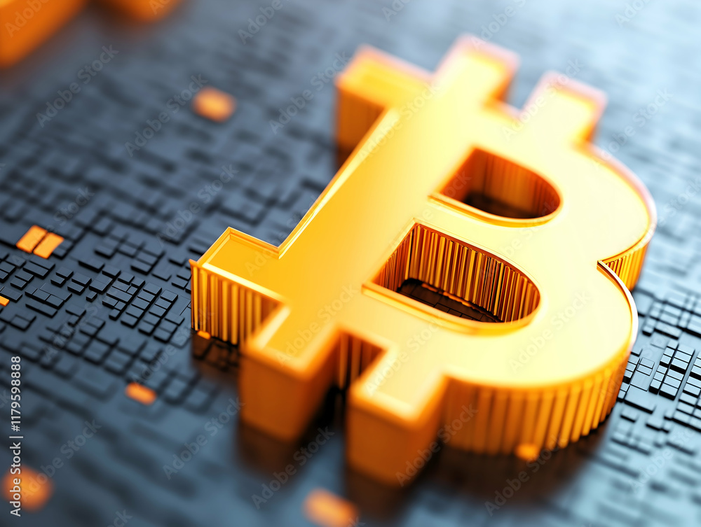 Poster a close-up of a golden bitcoin symbol on a textured digital background, representing cryptocurrency 