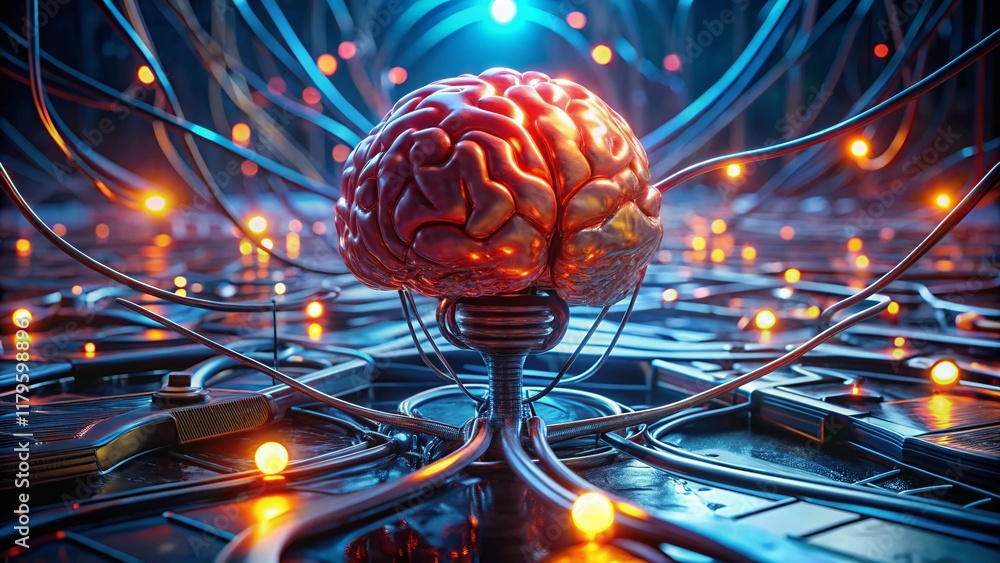 Poster futuristic neural network: glowing red-veined brain in dark metallic setting
