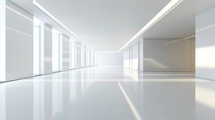 Obraz premium White Empty Hallway with Glass Walls and Reflective Floor - Modern Minimalist Architecture