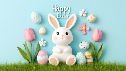 Fototapeta premium Happy Easter cute white bunny sits among colorful Easter eggs and flowers, creating cheerful and festive atmosphere. Perfect for celebrating holiday