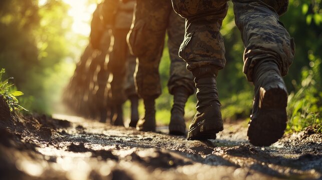 Military Unit, Soldiers Marching In Formation, Muddy Forest Terrain, Army Training Exercise