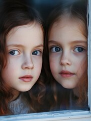 Two young girls with curly brown hair gazing intently through a window, showcasing close-up facial expressions with clear blue eyes, captured in soft natural light.