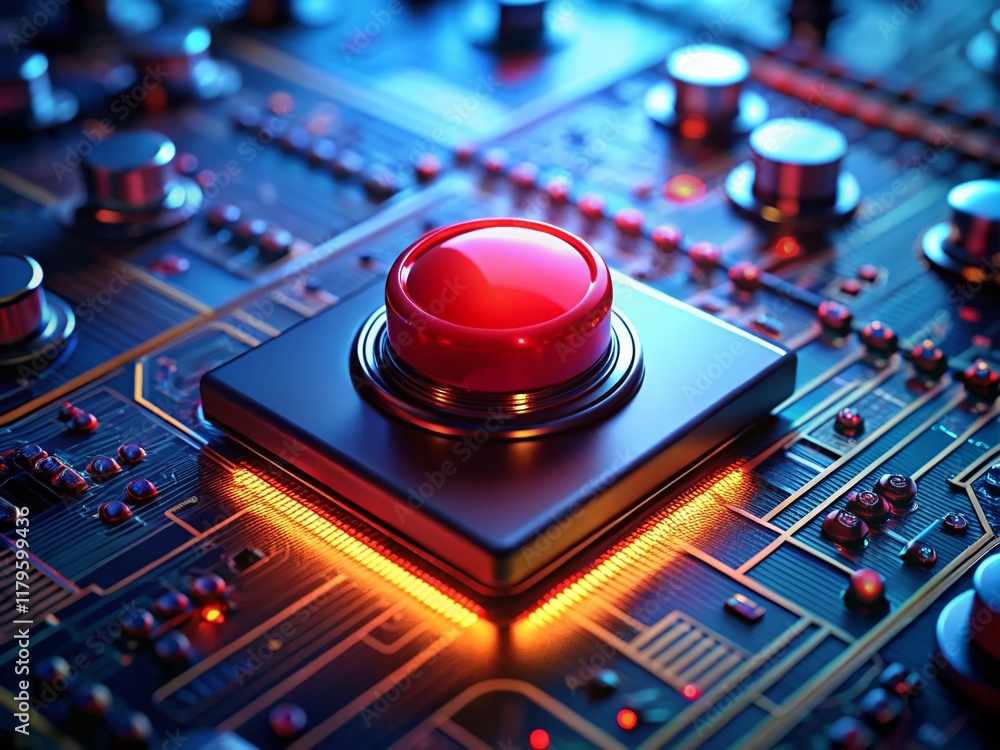 Poster futuristic red button on circuit board: tilt-shift miniature technology