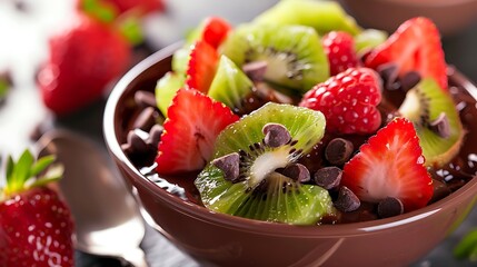 Bright design of diced kiwi the berries and strawberries on top of rich chocolate pudding