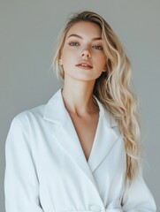 Fototapeta premium Blond female doctor in white coat exuding positivity with soft wavy hair and warm smile against neutral gray backdrop for text placement