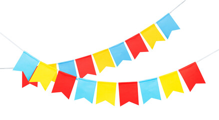 colorful party flag hanging against isolated background. birthday party, anniversary, new year, christmas party celebration decoration