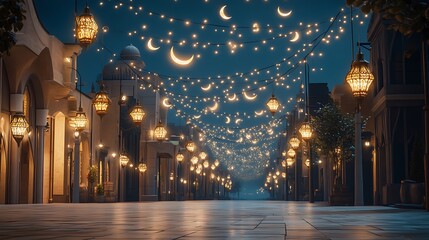 Ramadan Lanterns and Crescent Moons Illuminating a Night Market with Festive Lights and Celebration