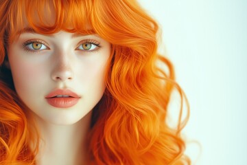 Obraz premium Stunning portrait of a woman with vibrant orange hair and captivating green eyes against a soft, neutral backdrop