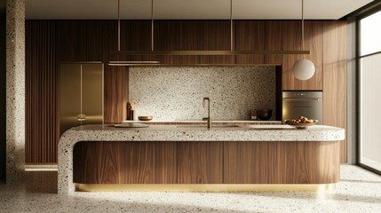 A modern kitchen with a mid-century touch: walnut cabinetry, brass fixtures, and terrazzo countertops create a unique and timeless design.