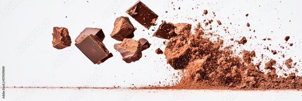 Aufkleber Chunks of milk chocolate bursting into pieces near a mound of cocoa powder, creating an energetic and dynamic scene against a clean white background
