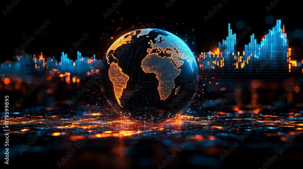 Poster glowing earth globe with data visualization elements in background