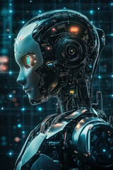 Sci-fi robot poster, detailed android designs, metallic textures, and glowing LED eyes against a futuristic grid