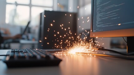 A close-up view of a computer setup with sparks flying from a cable, indicating a potential electrical issue in a modern workspace.