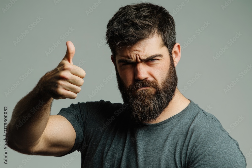 Poster bearded man in gray t-shirt making thumbs up gesture with serious expression isolated on gray backgr