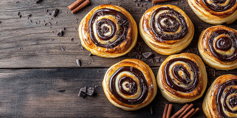 Fototapeta premium Freshly baked chocolate swirl buns placed on a rustic wooden surface, surrounded by cinnamon sticks and dark chocolate pieces. A perfect sweet treat for dessert lovers.