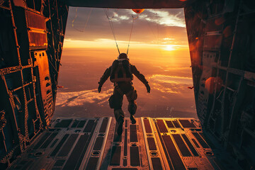 Parachutist with parachute makes heavenly adventure against on nature landscape, abstract vivid composition consists of fictional unreal fantastic vision on background