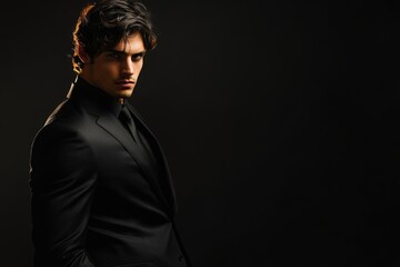 Elegant young man in black suit and styled hair posing against dark background with ample copyspace for branding and text elements