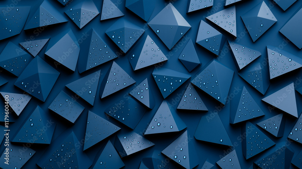 Poster textured navy blue wall with triangular shapes and water droplets, creating modern and dynamic visua