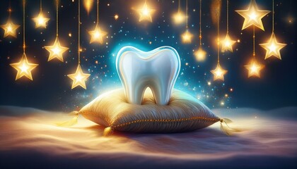 enchanting tooth fairy scene a glowing tooth above a pillow surrounded by magical sparkles