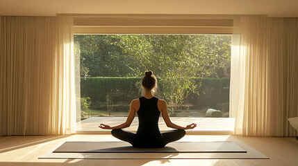 A woman meditates peacefully in a serene room, surrounded by nature and soft light.