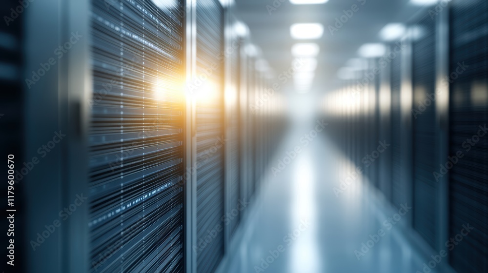 Poster modern server hallway with rows of high-tech equipment illuminated by soft led lights creating a cal