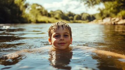 Fototapeta premium Joyful young boy swimming in clear river water during sunny summer weekend with lush green trees in background and ample space for text