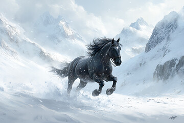 Friesian horse stallion galloping through a snowy landscape. Healthy. Purebreed. Black pearl.