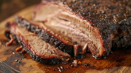 Browned crust and a delicate smoky ring on a roasted beef brisket