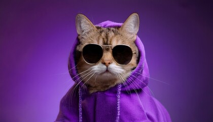 cool cat in purple hoodie wearing sunglasses