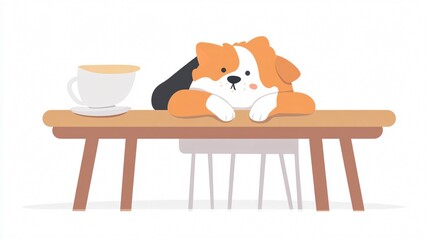 Adorable puppy relaxing at a wooden table with a cup of coffee, capturing a cozy and heartwarming morning scene.