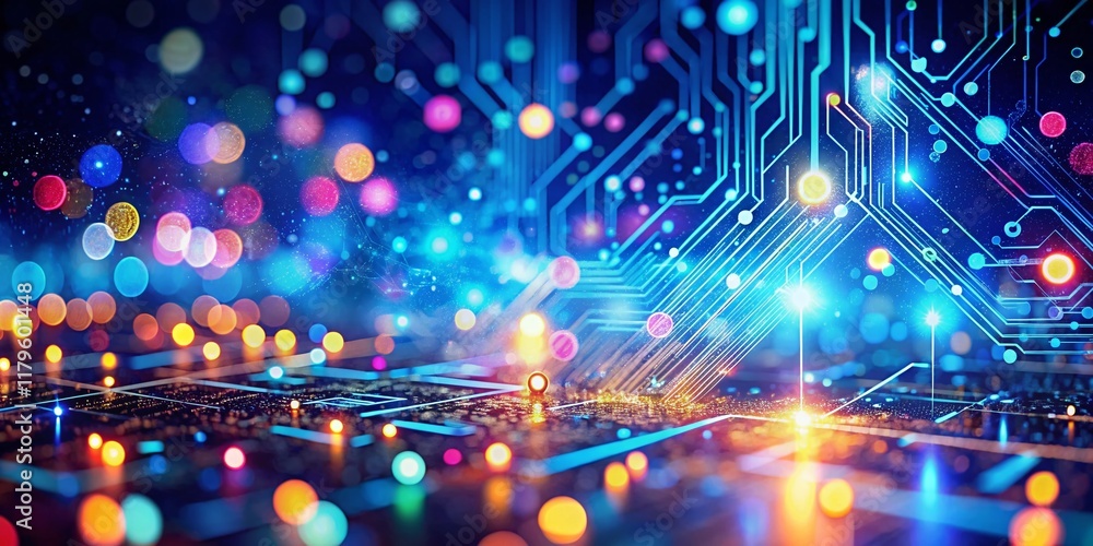 Poster futuristic tech: abstract blue bokeh background showing innovation & progress