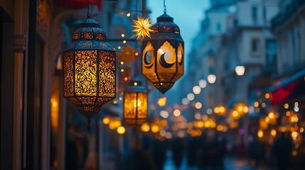 Ramadan Lanterns and Crescent Moons Illuminating a Night Market with Festive Lights and Celebration