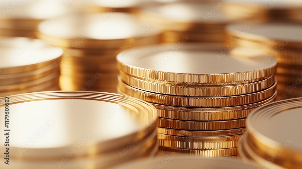 Poster Close-Up View of Shiny Gold Coins Stacked in Neat Rows