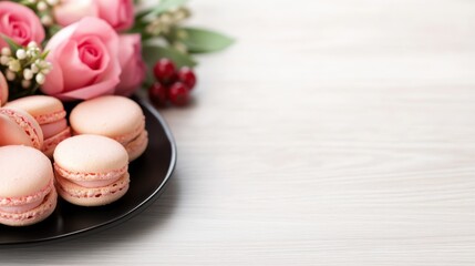 Obraz premium A charming arrangement of pink macarons and fresh roses on a plate, creating a delightful and elegant floral dessert display.